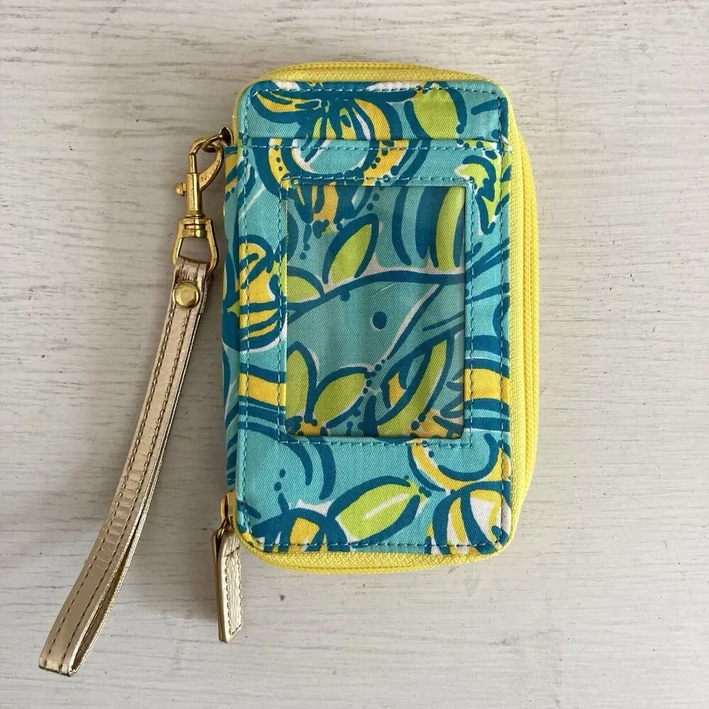 Lilly Pulitzer Wristlet Card Coin Wallet Removable Strap Blue Yellow Gold Floral